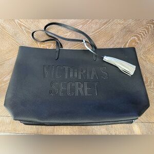Victoria’s Secret Black Faux Leather Tote Bag Double Handle Silver Tassel NEW